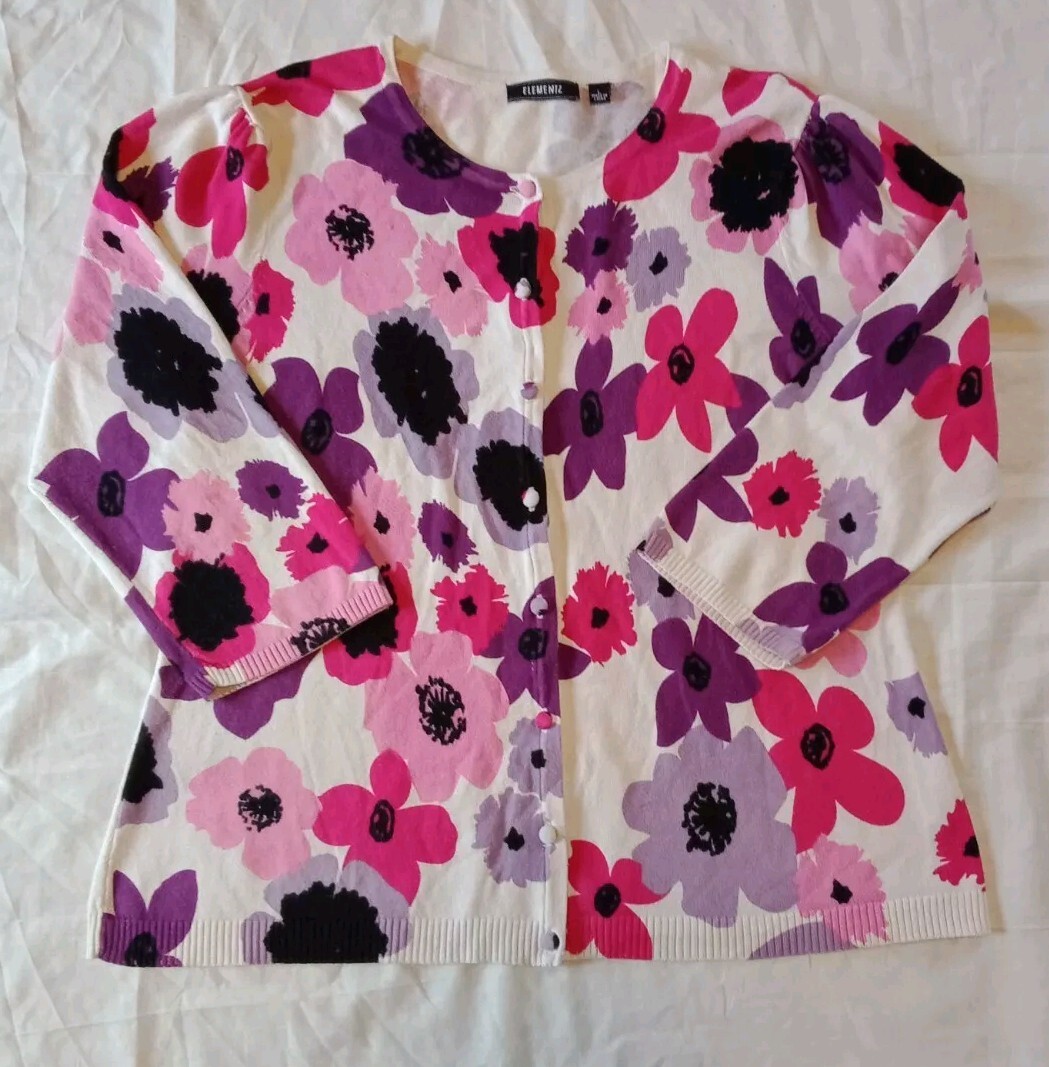 Elementz  Women Button Up Top Floral Large 3/4 Sleeve Width 39