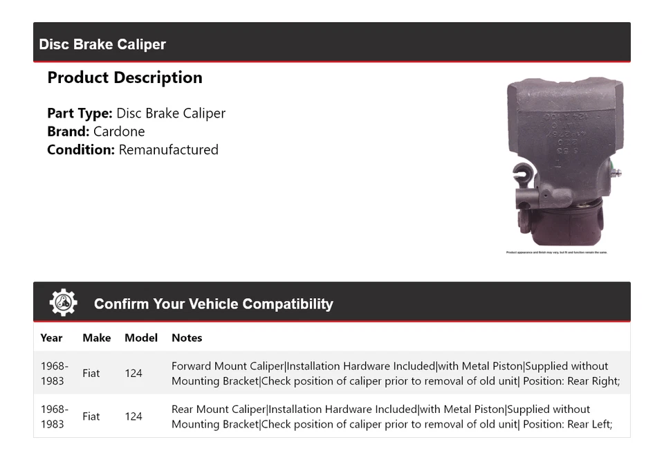 For 1968-1983 Fiat 124 Disc Brake Caliper Cardone 1969 1970 1971 1972 1973 1974 - Image 2 of 4