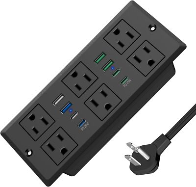 Recessed Power Strip, PD 45W Fast Charging USB-C QC3.0 3A USB-A 6FT, Black 