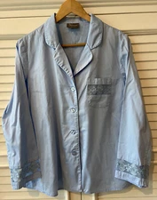 Julianna Rae LUXURIOUS Cotton Sateen Button Down LS Pajama Top Blue Lace Trim
