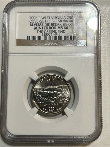 2005 P West Virginia 25c Mint Error MS66 NGC Obverse die break @4 And Rev Brk@8