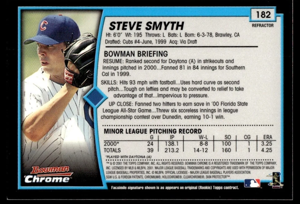 2001 Bowman Chrome refractor Steve Smyth Rookie Chicago Cubs #182 - Image 2 of 2