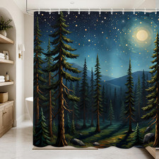 Forest Mountain Shower Curtain,Dark Green Nature Misty Pine Tree Moonlight