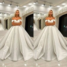 Classic Wedding Dresses White Ivory Satin Off Shoulder Sweep Train Bridal Gowns