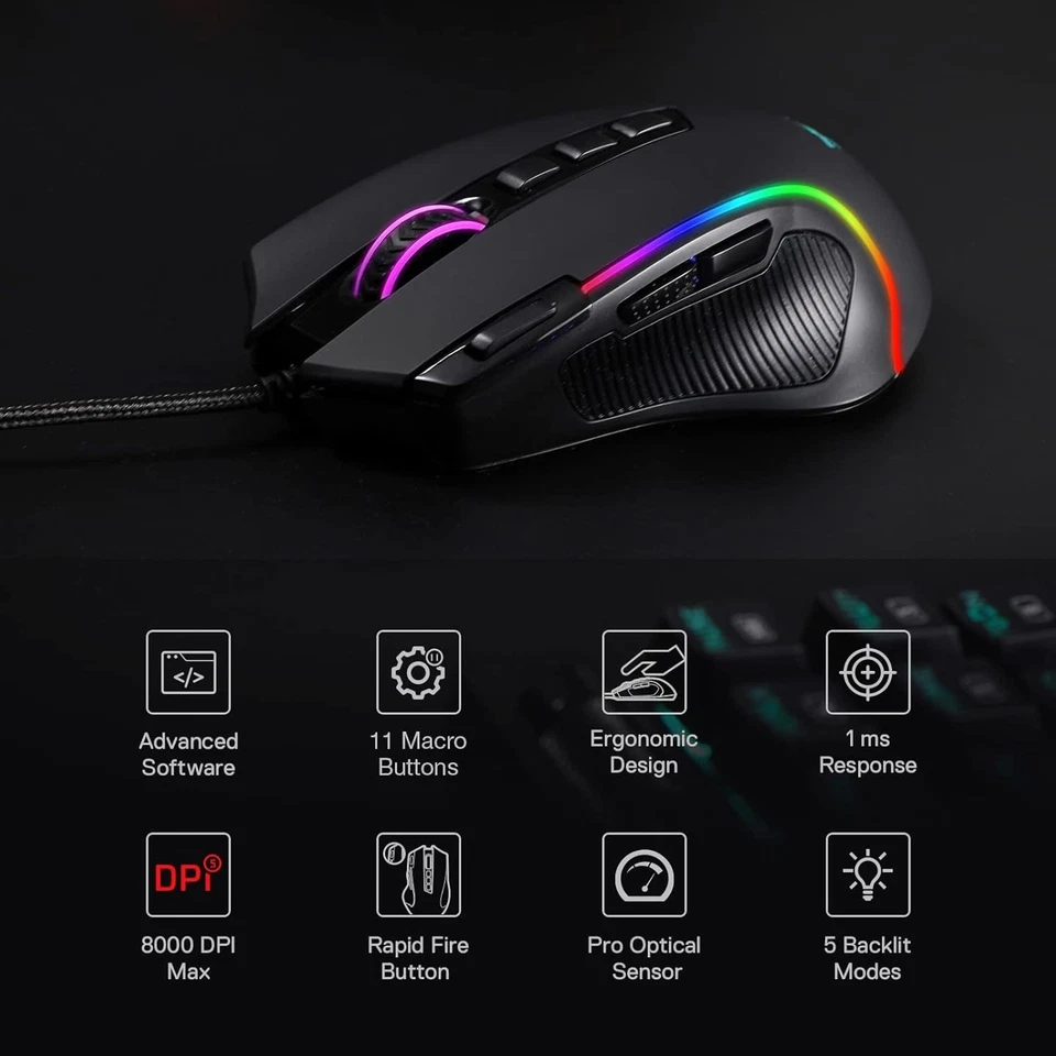 Mouse óptico para juegos con cable de 8000 DPI con 11 botones programables y 5 modos Foto 2 de 4