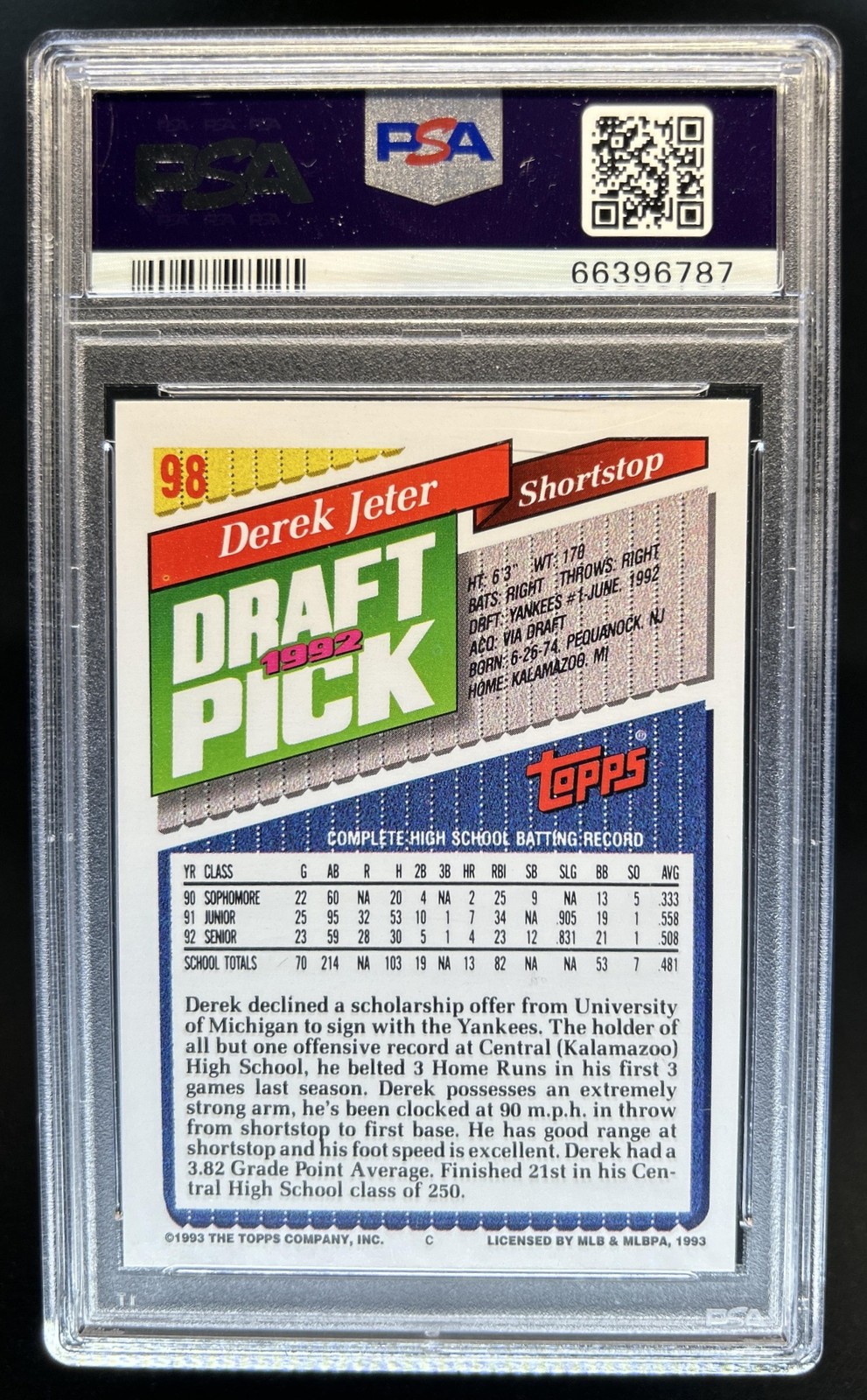1993 Topps Derek Jeter Rookie RC #98 New York Yankees PSA 9 view 2
