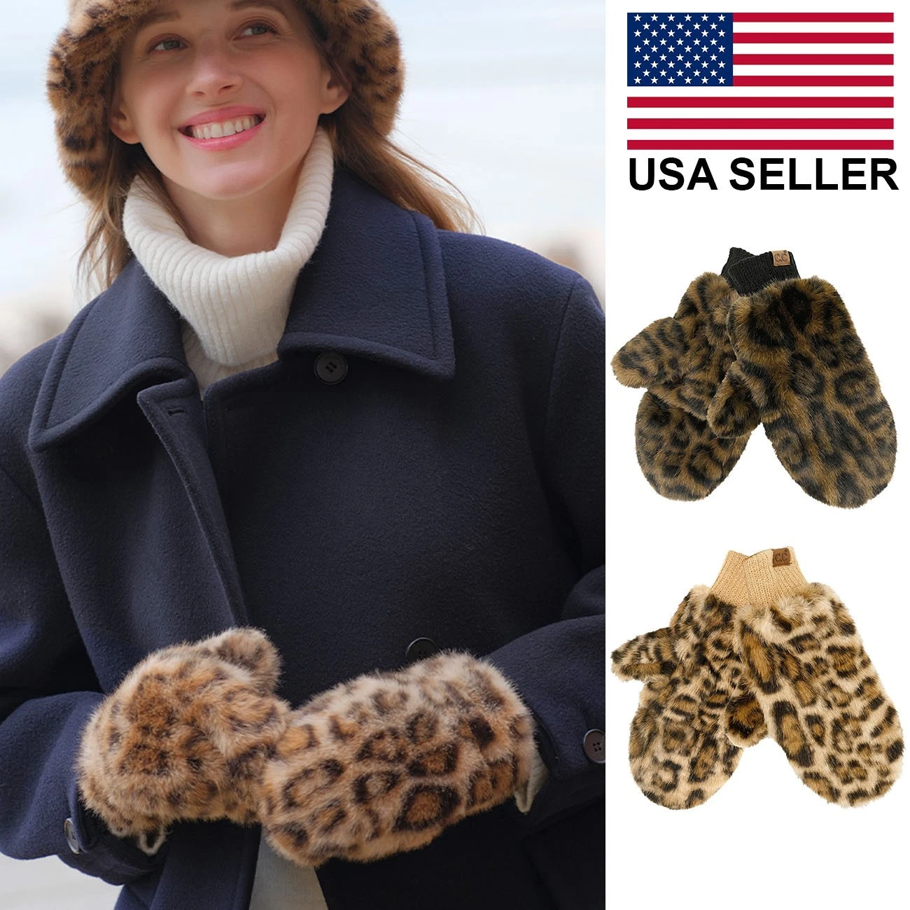 C.C Exclusive Leopard Soft Faux Fur Mittens Shepherd Lining Convertible Gloves
