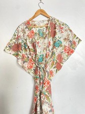 Indian White Floral Handmade Cotton Kaftan Maxi Dress Women's Clothing Gown US