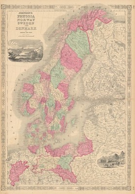 Johnsons Preußen, Norwegen, Schweden & Dänemark. Skandinavien Baltikum Polen 1865 Karte