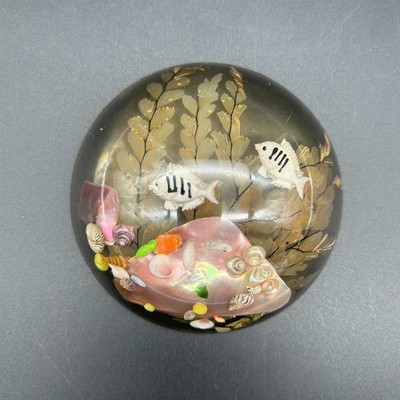 Vtg Fish Bowl Lucite 4 inch Half Globe Paperweight Fish Shells Seaweed Rocks