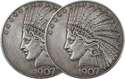 2PCS 1907 Antique Liberty Indian Head $10 Dollar Coin, Uncirculated Morgan Silve
