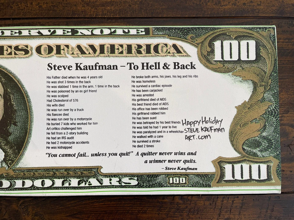 Steve Kaufman Signed $100 Bill Happy Holidays “Rebel With A Cause” Small Tear - Изображение 4 из 4