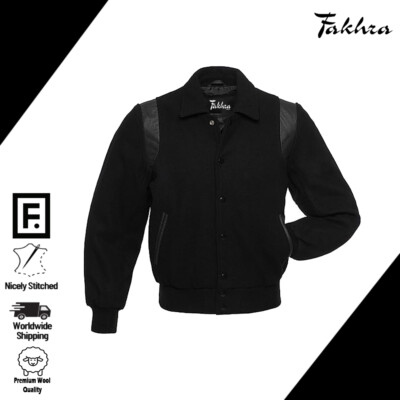 Letterman Varsity Bomber Black Wool Body Black Leather Strip jacket Man Jackets
