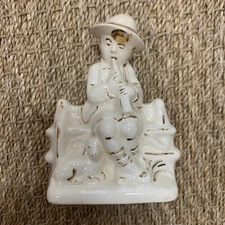 Haeger Boy With Flute&Sheep Gold Trim Planter Porcelain Ceramic 5" Tall.