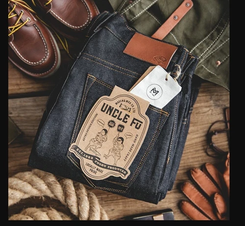 Hot Men's Vintage Straight Dark Selvedge Jeans Slim Fit Jeans Casual Denim Pants - Picture 1 of 19