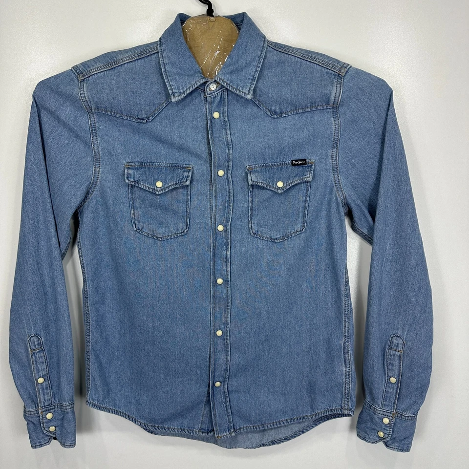 Pepe Jeans Denim Shirt Mens Medium Blue Long Sleeve Regular Button Up Pearl Snap - Image 3 of 4