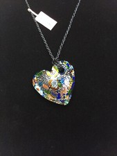 Art Glass Curved Heart Blue Pendant Necklace Spiral Black Cord Art to Wear Love