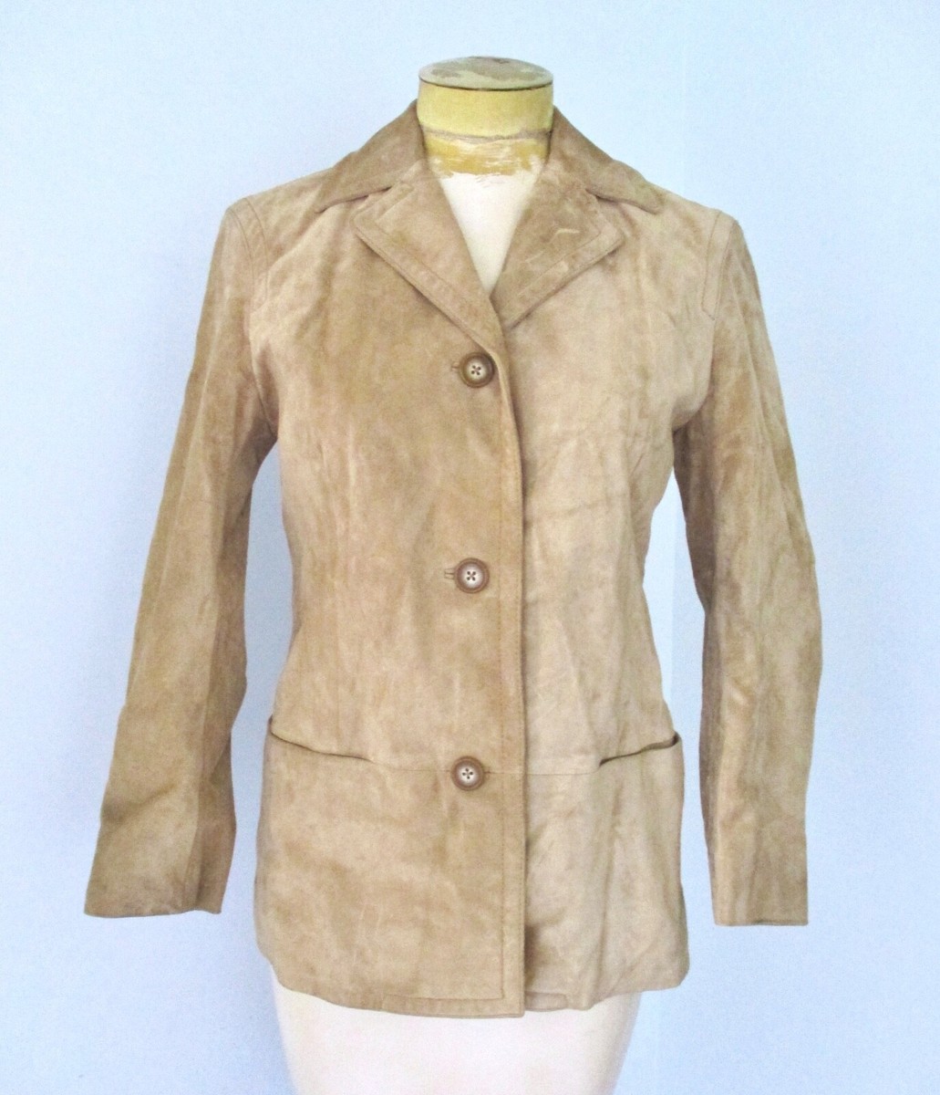 DKNY tan brown real suede leather blazer jacket 3-button pockets