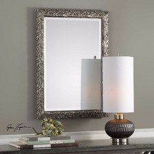 EVELINA 35" EMBOSSED LEAF BEVELED WALL VANITY MIRROR AGED BURNISHED SILVER 09359