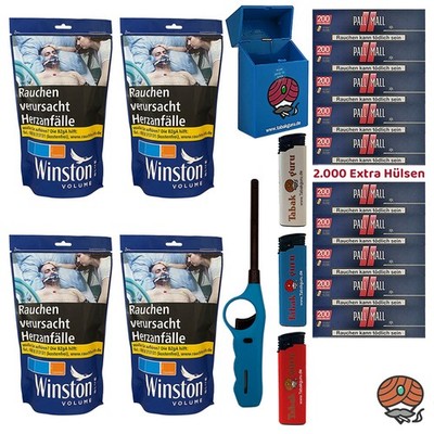 Winston Blue/Blau Tabak Beutel 4x 95g, Pall Mall Red Xtra Hülsen, Stabfeuerzeug