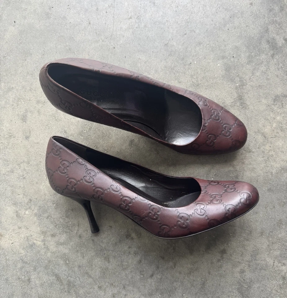 Gucci Gucciama тисненая кожа круглый носок насосы б/у коричневый подлинный женщин - Изображение 4 из 4