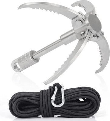 Large Grappling Hook with 65Ft Rope, 4-Claw Folding Stainless Steel Grapple Hook