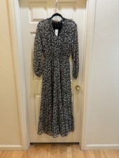 Express Women's Black White Floral Sheer Tiered Long Sleeve Maxi Dress Small