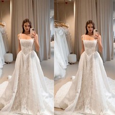 Wedding Dresses Square Neck Sleeveless Lace Appliques Sweep Train Bridal Gowns
