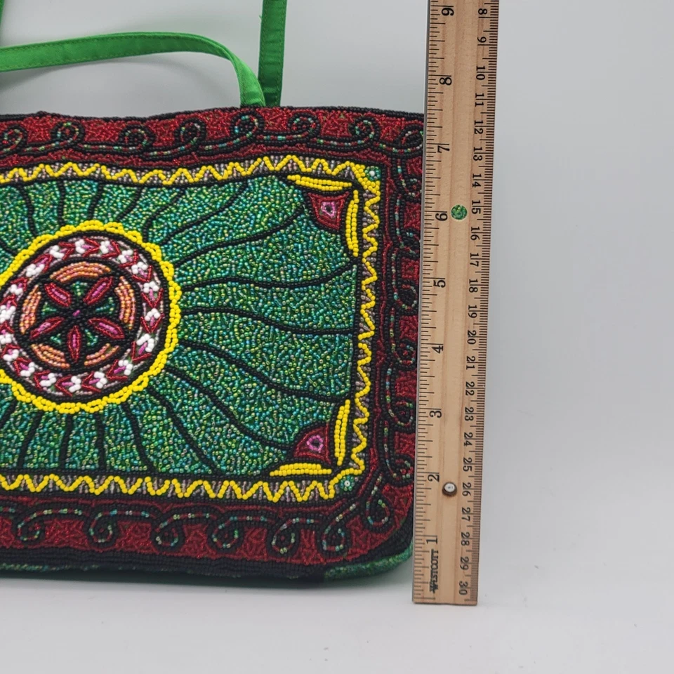 Barse Hand-Beaded Satin Purse Green Red Gold Boho Shoulder Bag - Image 3 of 4