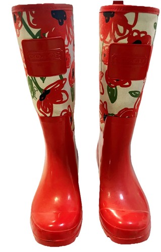 COACH Floral PEARL Rain Boots Poppy All Over Flower Ivory Red Size 9B