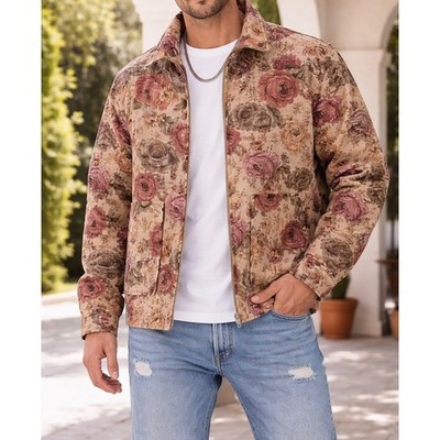 Fashion Nova Men Floral Tapestry Jacket Tan Multicolor Full Zip XL ZDF01C330026