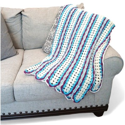 VNT Crochet Blanket Throw Afghan 68.x37 Blue White Stripes Scallop Hippie Granny