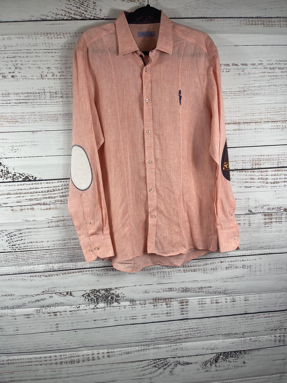 Kobina O Shirt Mens Large Pink 100% Linen Elbow Patch Long Sleeve Button Up