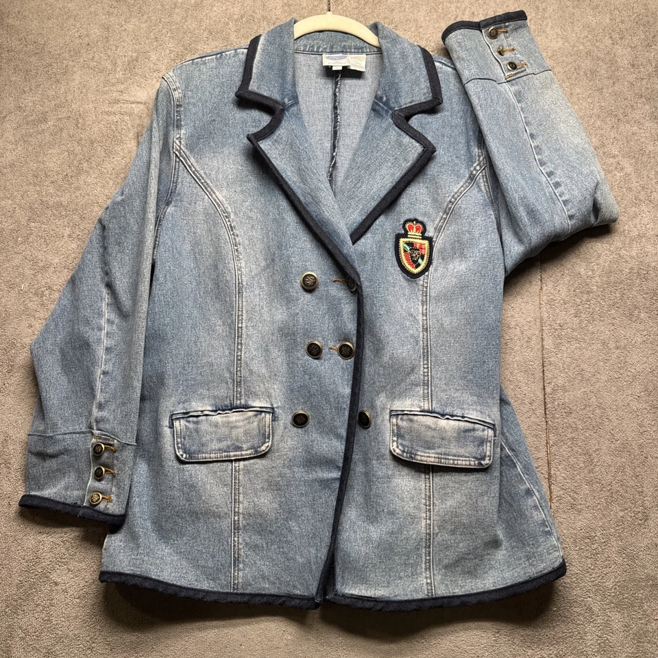 Vintage 90s Denim Blazer Double Breasted Crest Patch Old Money Preppy Style L - Image 3 of 4