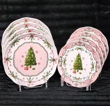 8 Potter's Studio CHRISTMAS TREE PINK Dinner & Salad Plates Ceramic Bows BEAUTY