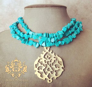 Authentic Turquoise Howlite Necklace Aqua Blue 22k Matte Gold Plated Baroque Large Pendant