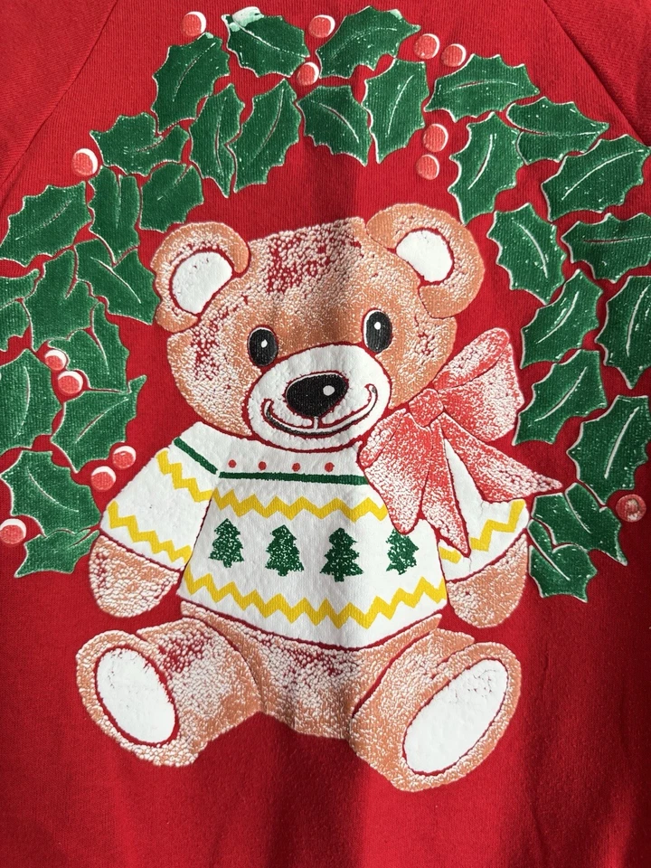 Sudadera de Colección Unisex Niños Oso de Peluche Pintura Hinchada Acebo Roja Años 80 90 Hecha en EE. UU. Foto 2 de 4