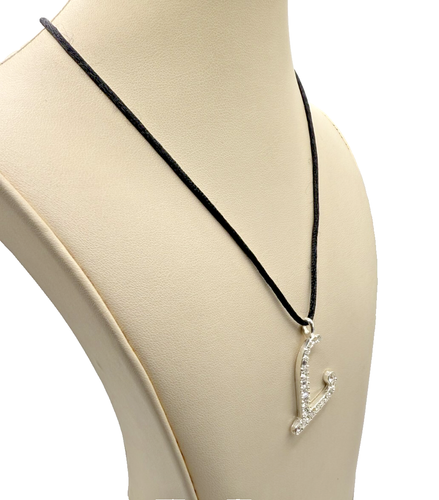 L Shape Pendant Necklace with Cubic Zirconia on Adjustable Black Cord - Picture 2 of 5