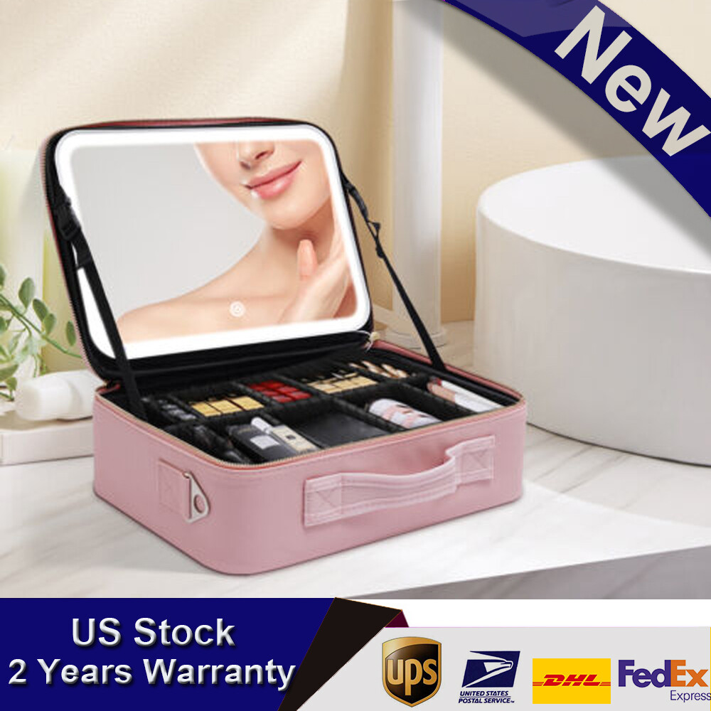 Large Makeup Case Box Pink with 3 Level LED Light Mirror Portable