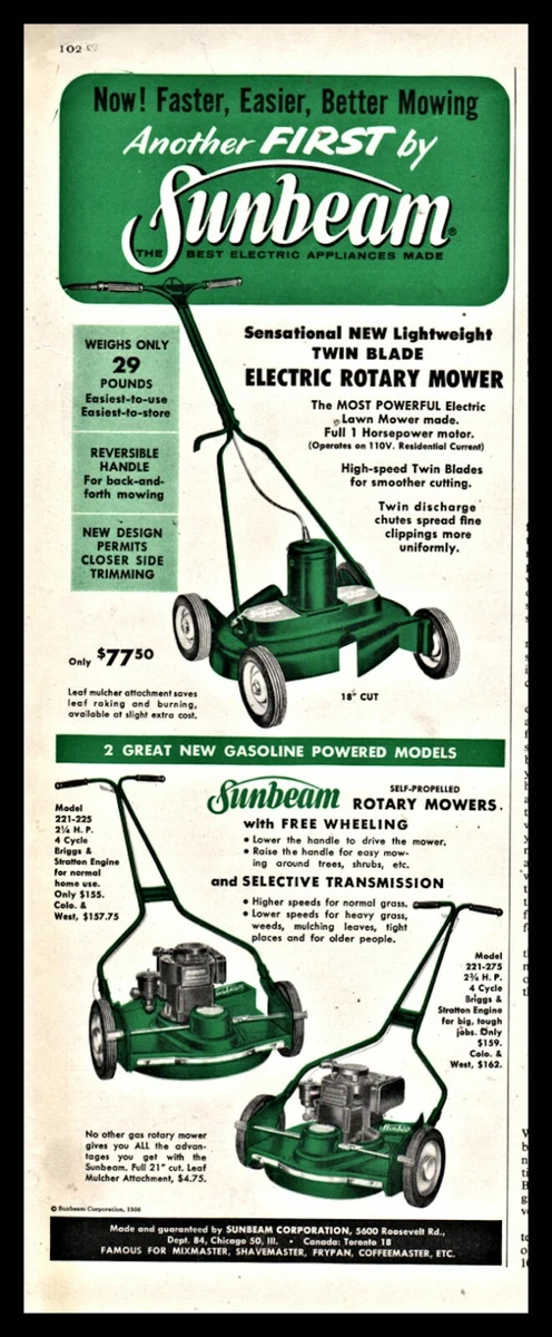 1956 SUNBEAM Electric Rotary Power Lawn Mower 22-225 and 221-275