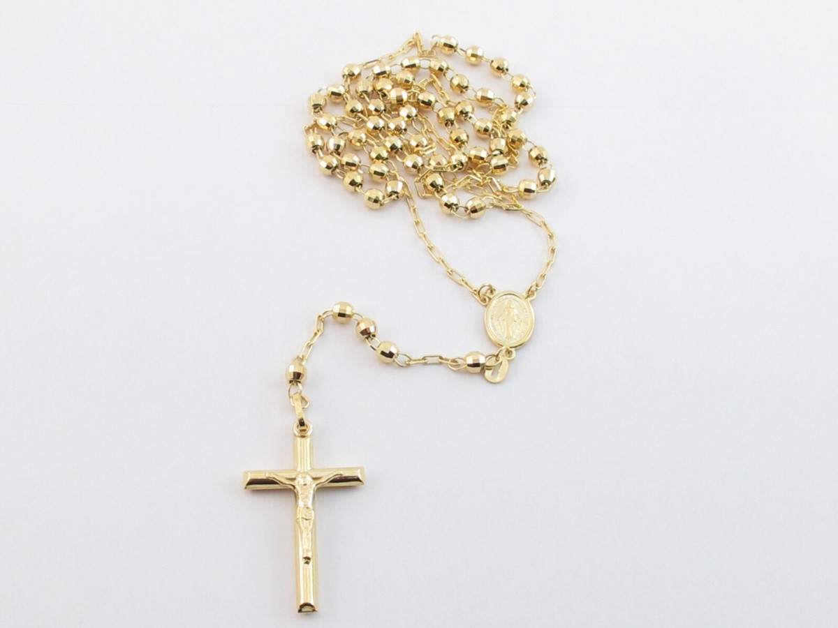14k Yellow Gold Rosary Beads Necklace Virgin Mary Jesus Cross 26
