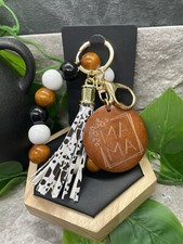 7" Handmade Wood Bead Leather Tassel Keychain Cross Purse Wristlet B2553