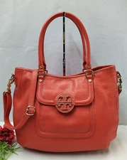 Tory Burch Amanda Red Leather Logo Pockets Satchel Shoulder Bag Purse