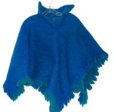 Vintage Blue Wool Blend Poncho Cape Shawl Fringe One Size 60's Boho Style