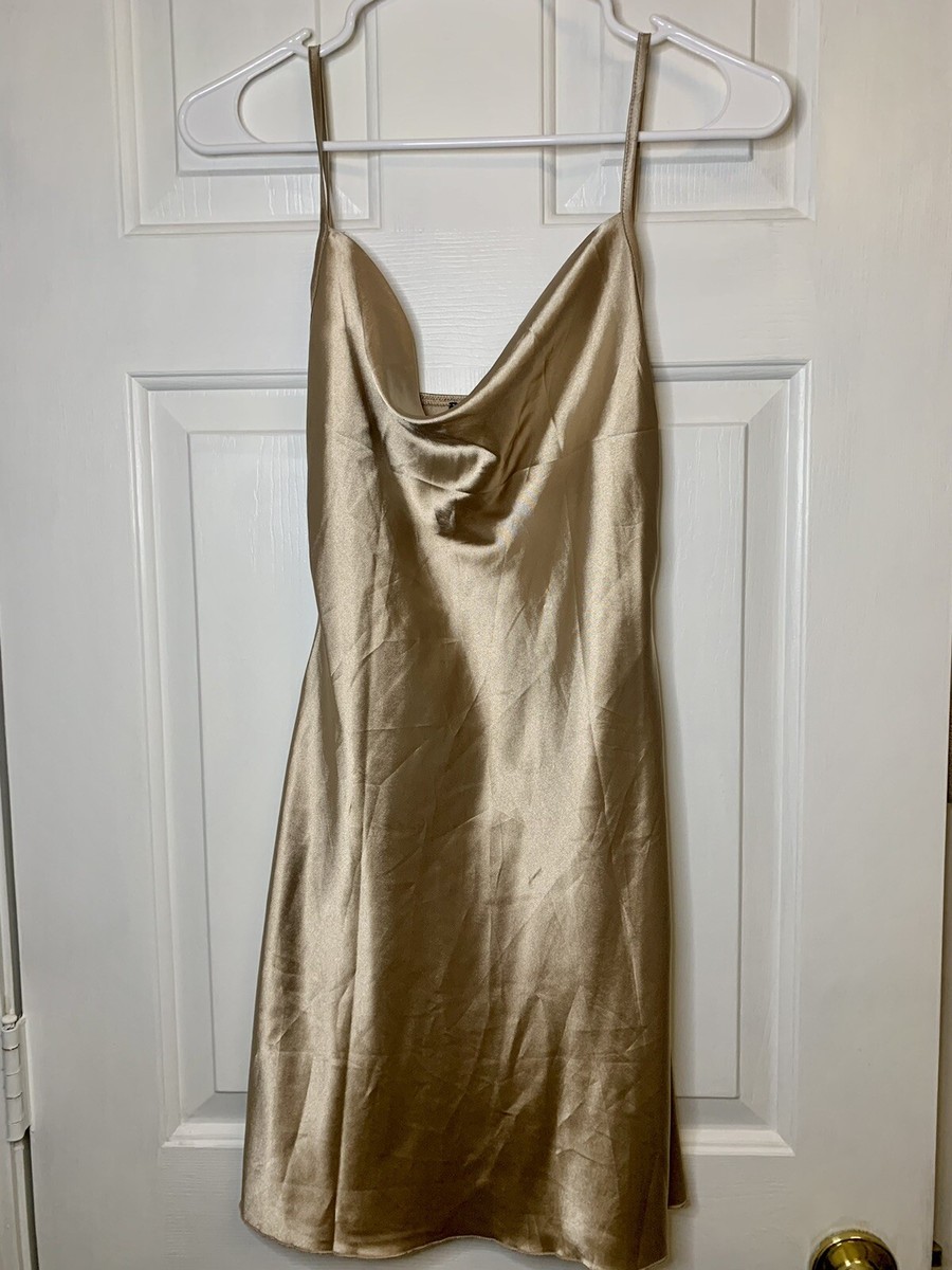 Champagne Faux Satin Mini Dress Speghetti Strap Women's XS