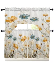 Floral Swag Kitchen Curtain Sets with Valance,3 Pieces Rod Pocket Curtain Dra...
