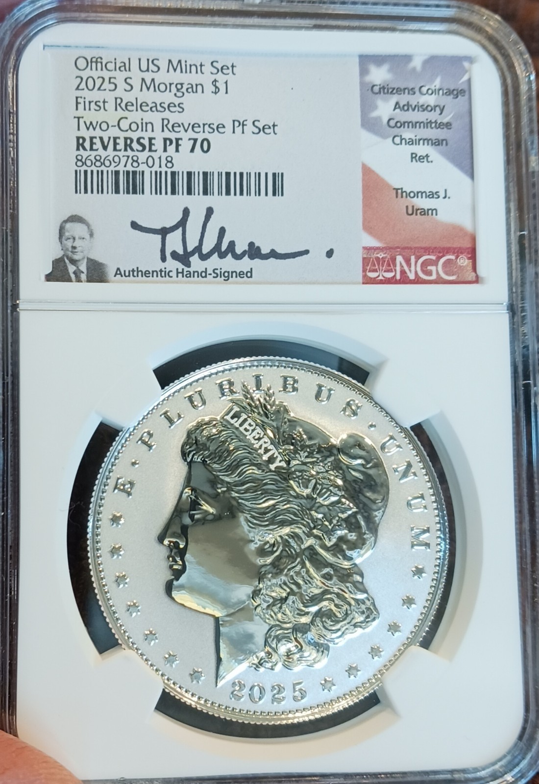 2025-S Morgan First Releases $1 NGC PF70 Reverse Proof Thomas Uram Signed #018