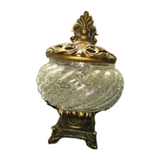 VTG decorative ornate crackle glass potpourri bowl resin lid & stand