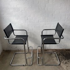 Pair Vintage Chrome Leather Bar Stools Bauhaus Style Cantilever Mid Century