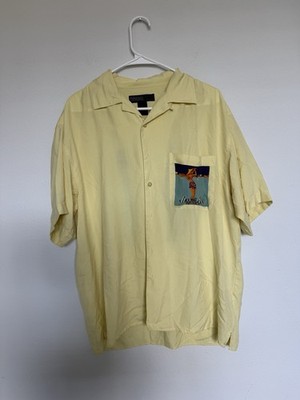 Maxwell & Co. Men's Yellow Silk Graphic Button-Up Shirt M Short Sleeve Collared